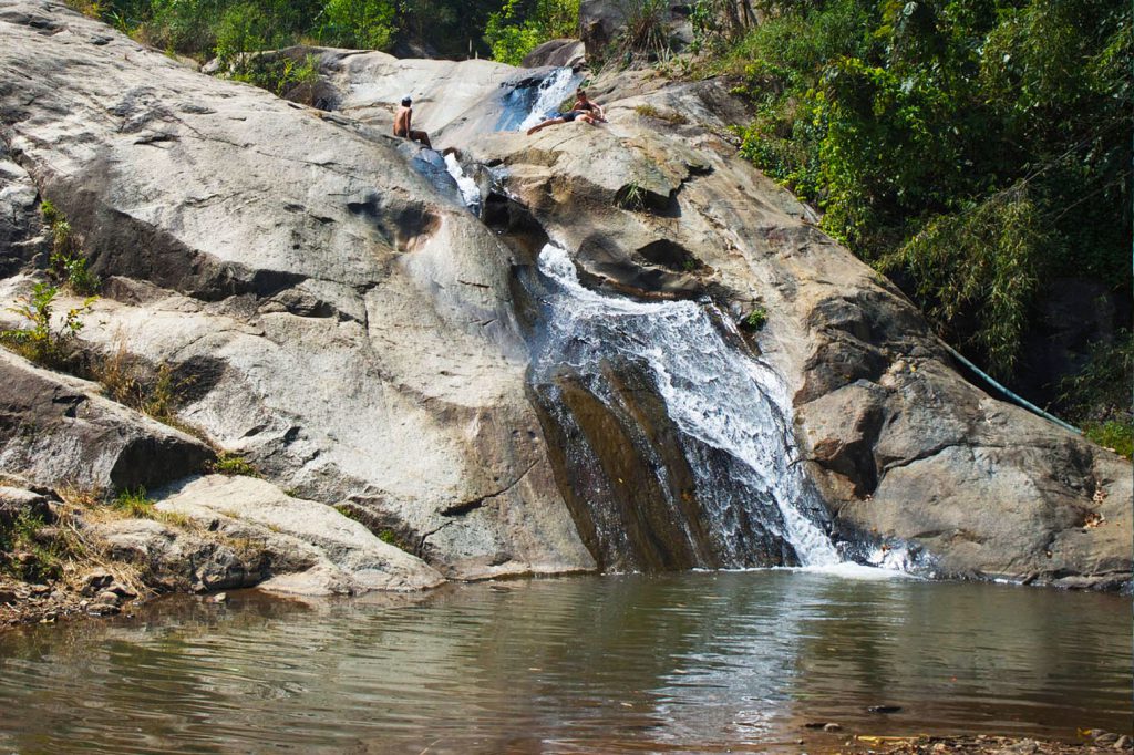 Waterfall, lake, stream, swimming, jumping