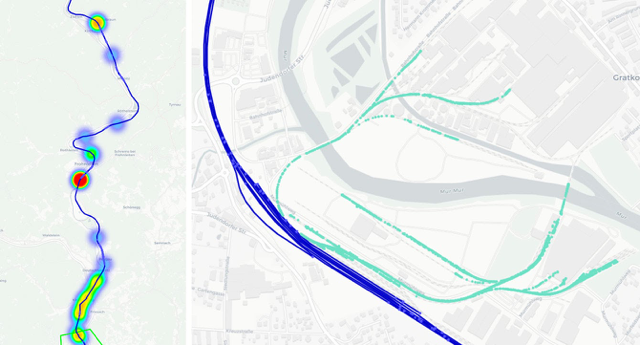 Shows tracking data of railway siding of onto a industrial area