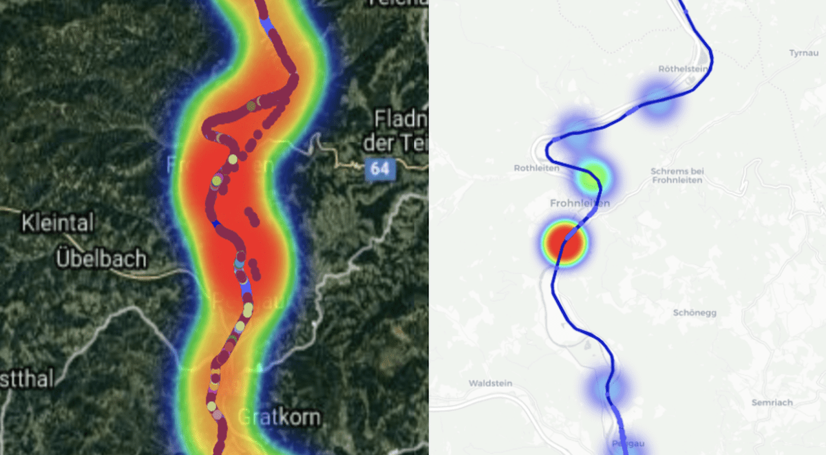 Heatmap showing differences between train railways and tracking data from trains