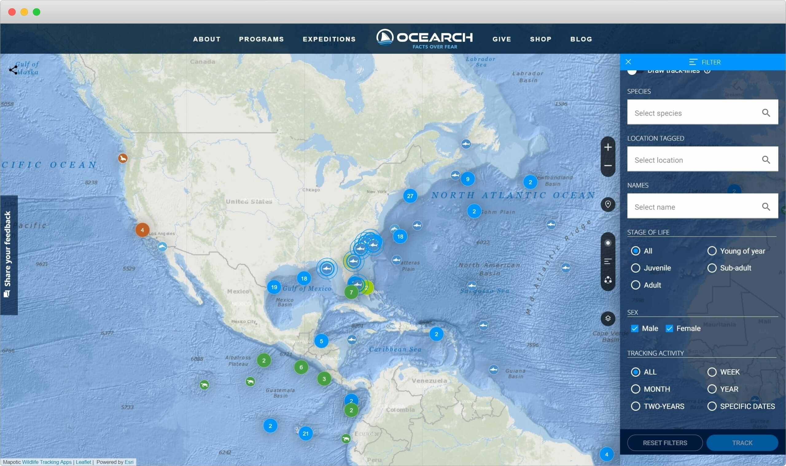 Filtering options in the OCEARCH tracker
