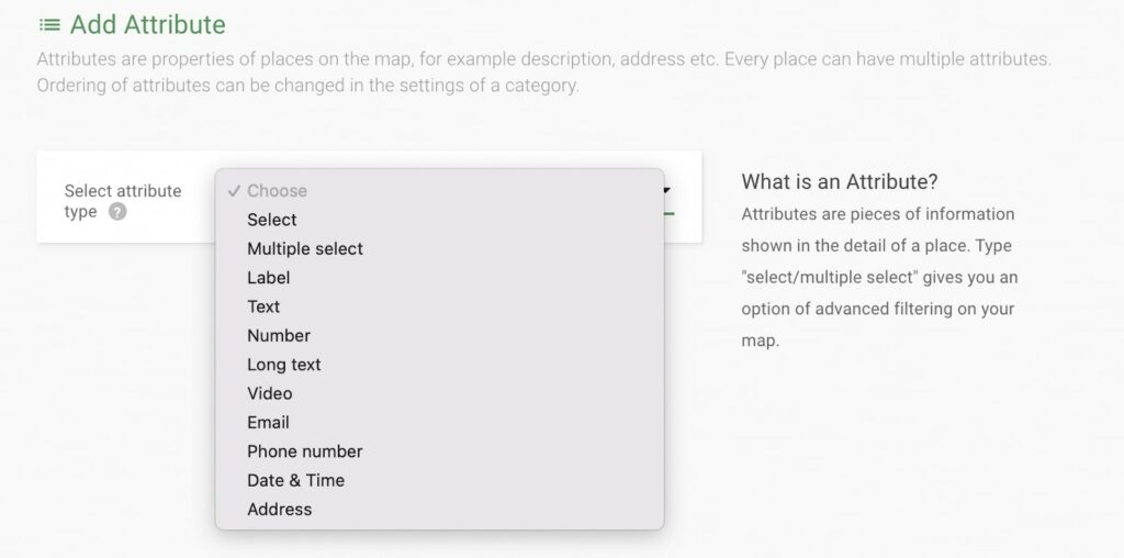 Attribute selection options within the map builder